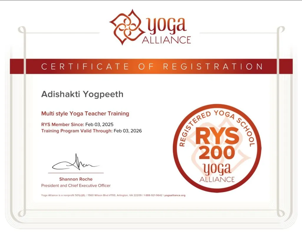 Adishakti Yogpeeth Yoga Alliance Certificate